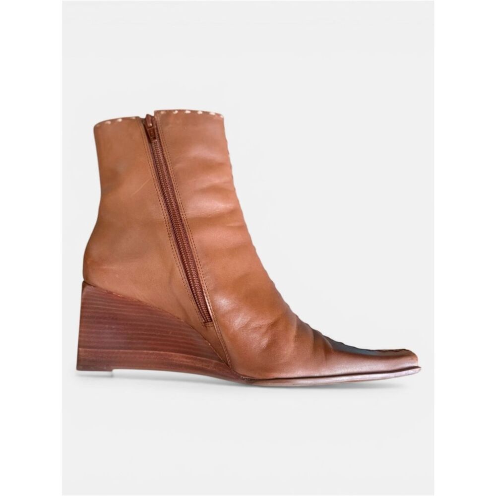 Diba Leather Wedge Ankle Boots Size 9 Cognac Brown Square Toe Comfort Heel - Picture 4 of 8